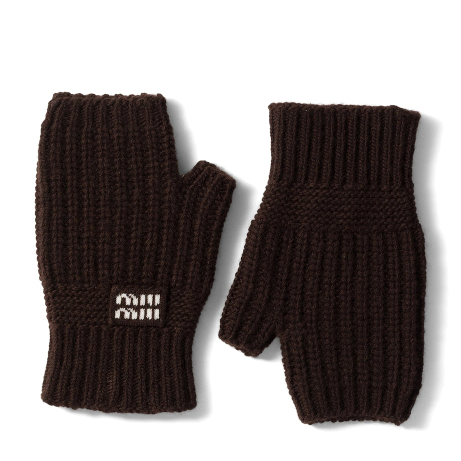 Brown Wool-Cashmere-Blend Logo Gloves