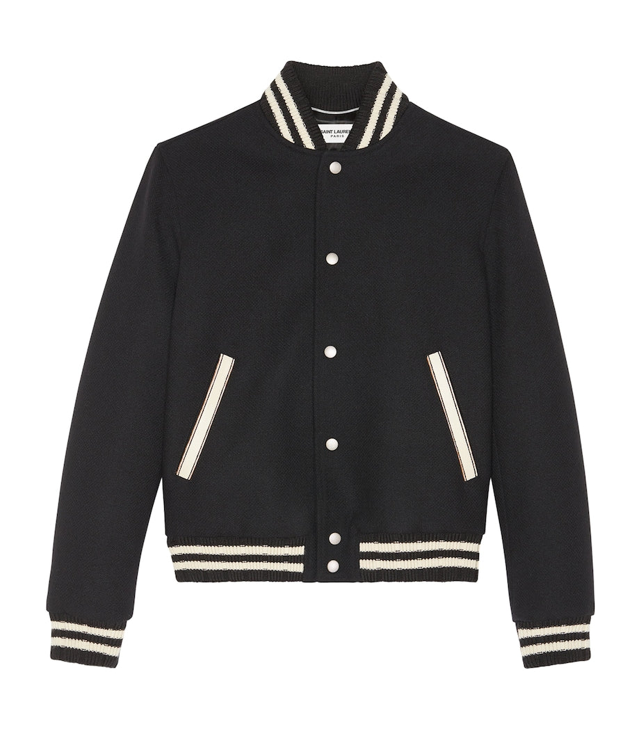 Saint Laurent Black Wool-Rich Logo Bomber Jacket