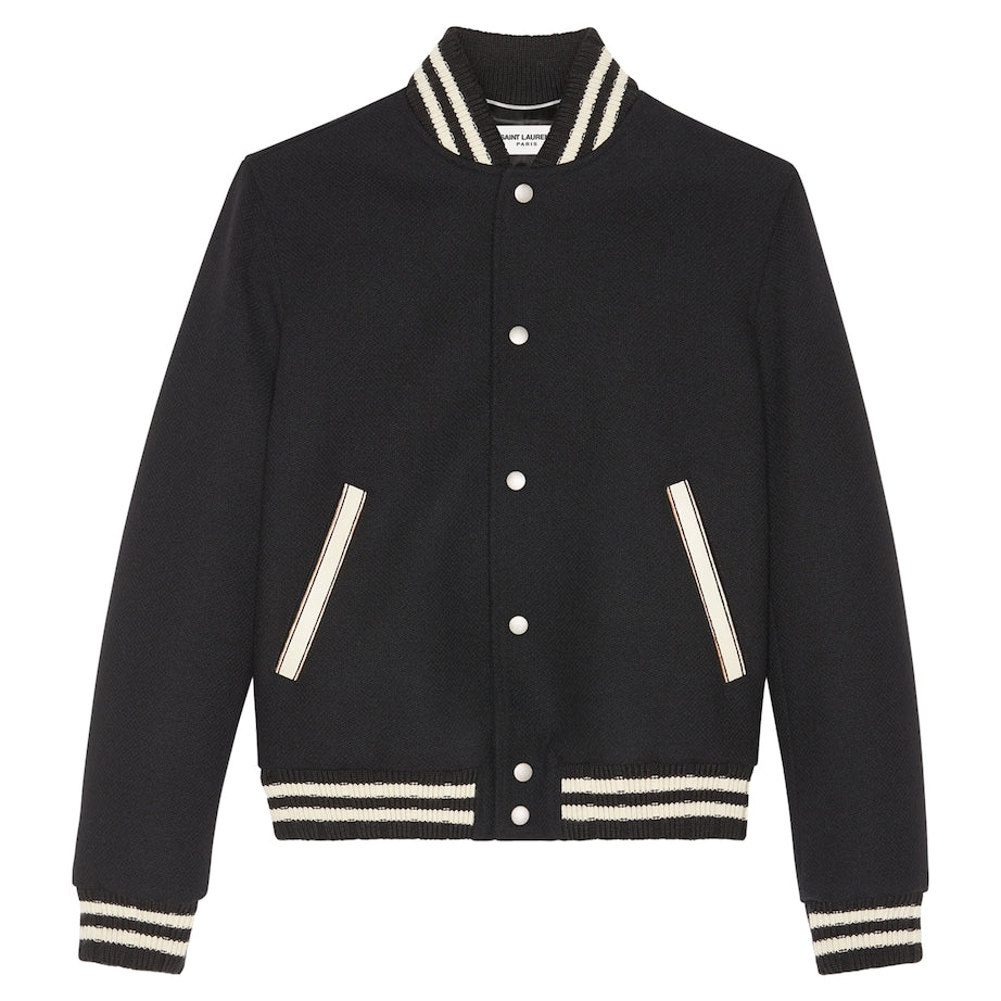 Saint Laurent Black Wool-Rich Logo Bomber Jacket