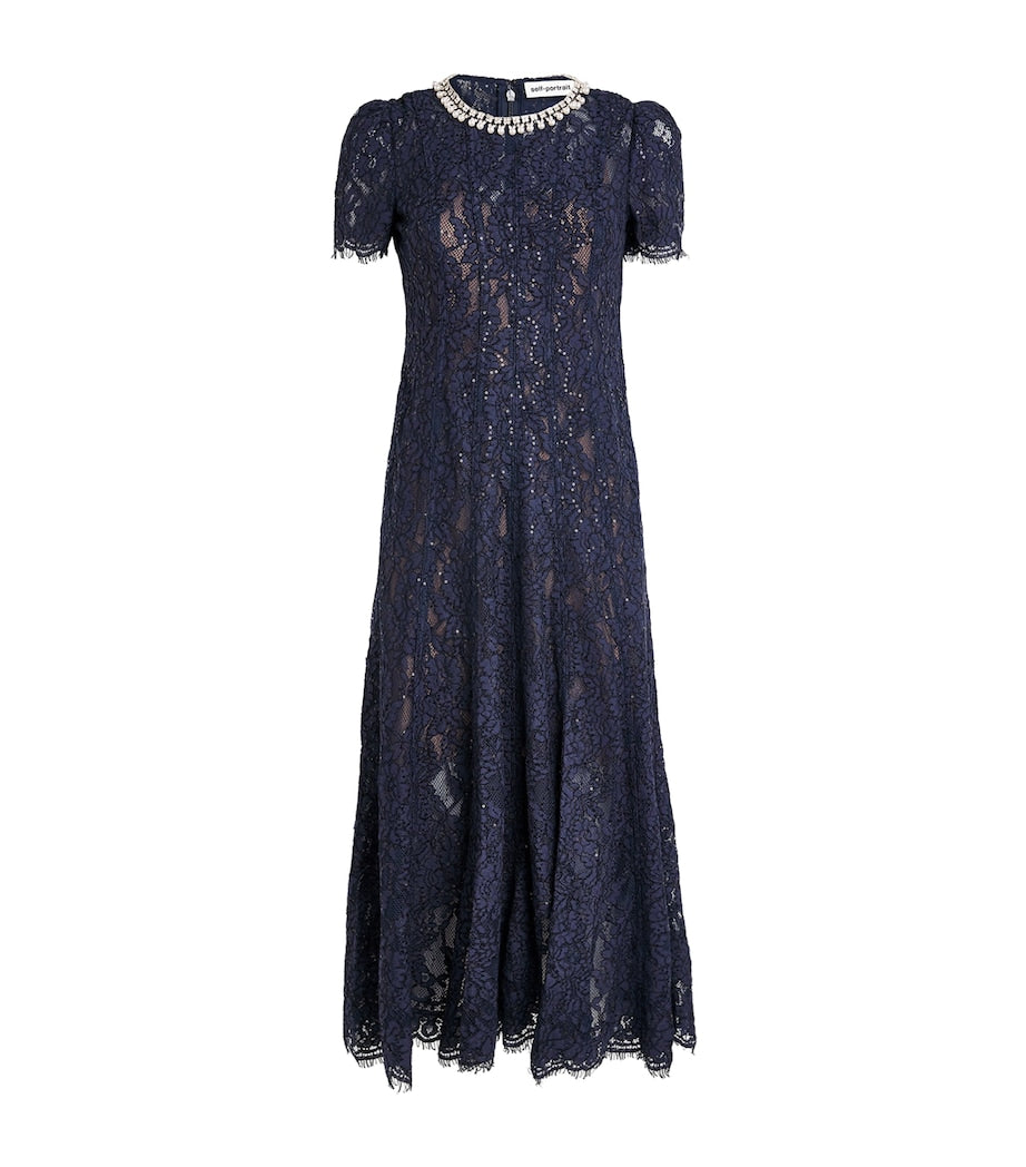 Self-Portrait Navy Sequin-Lace Embellished-Neck Midi Dress