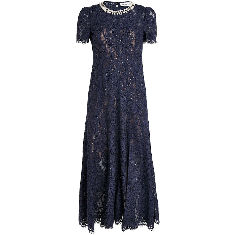 Self-Portrait Sequin-Lace Embellished-Neck Midi Dress