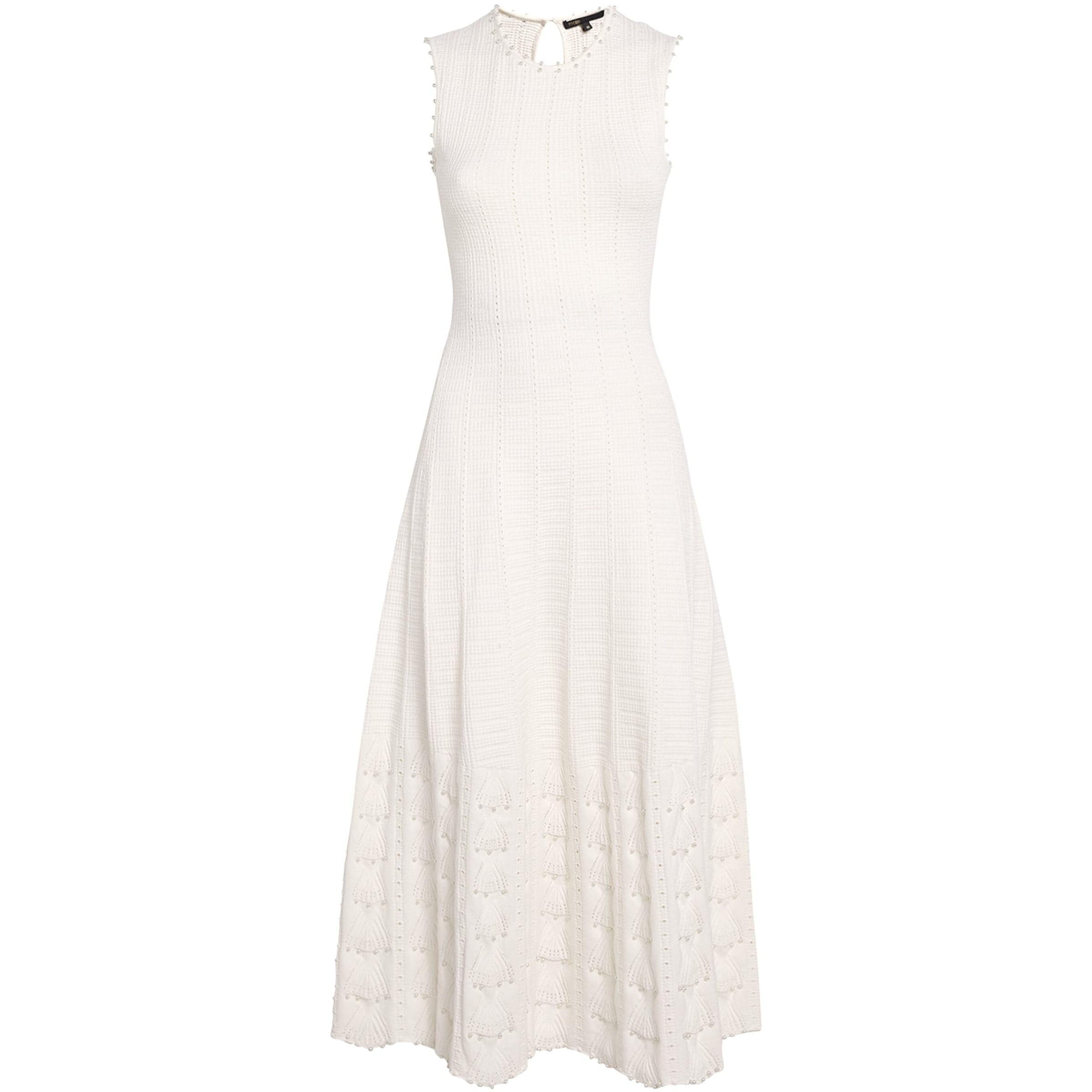 Maje White Pointelle Beaded Midi Dress