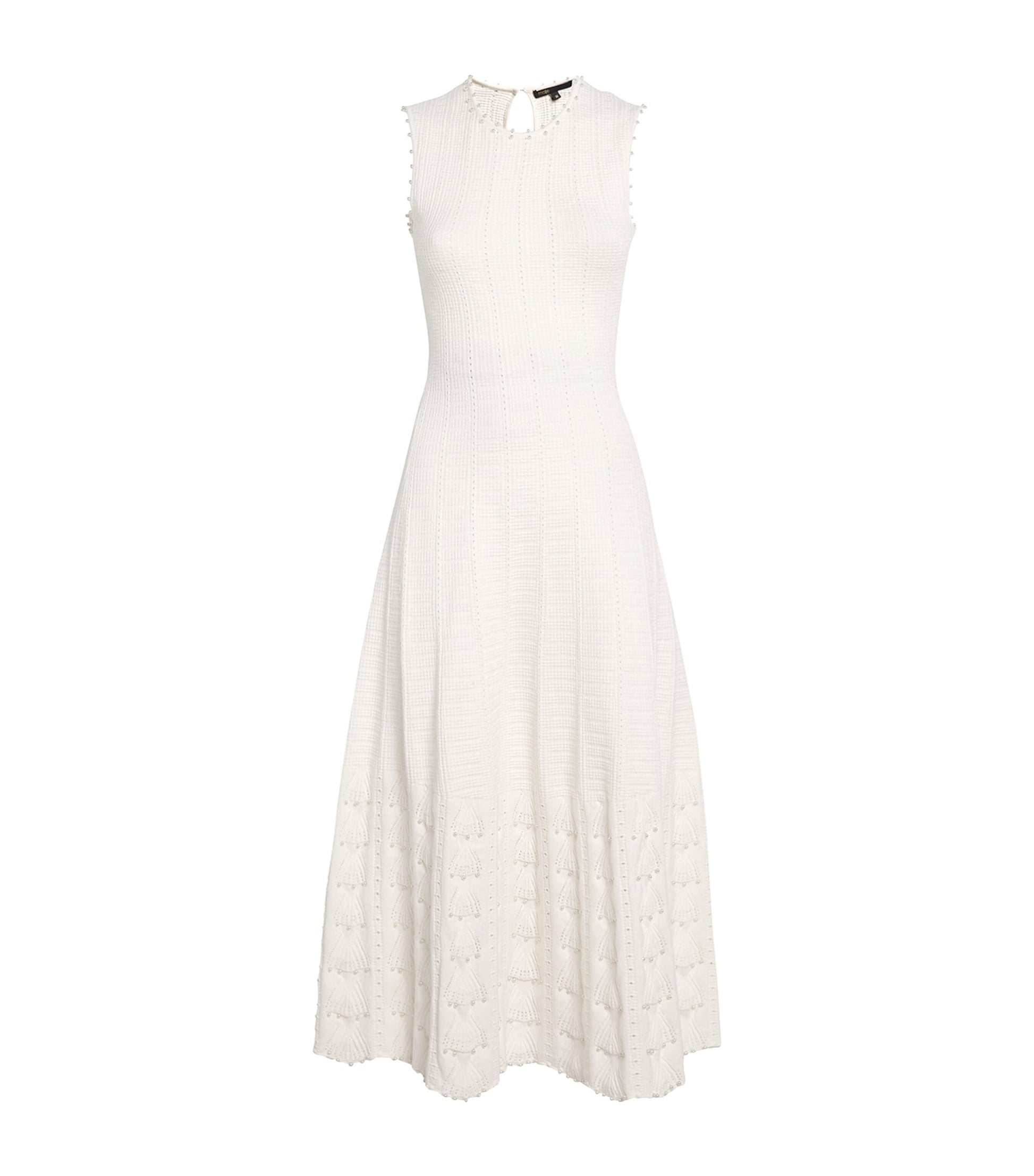 Maje White Pointelle Beaded Midi Dress