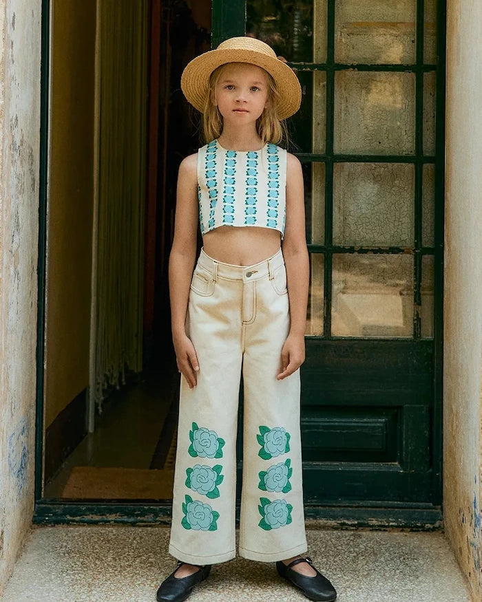Tinycottons çocuk kot pantolon BLUE FLOWER PRINT DENIM JEANS