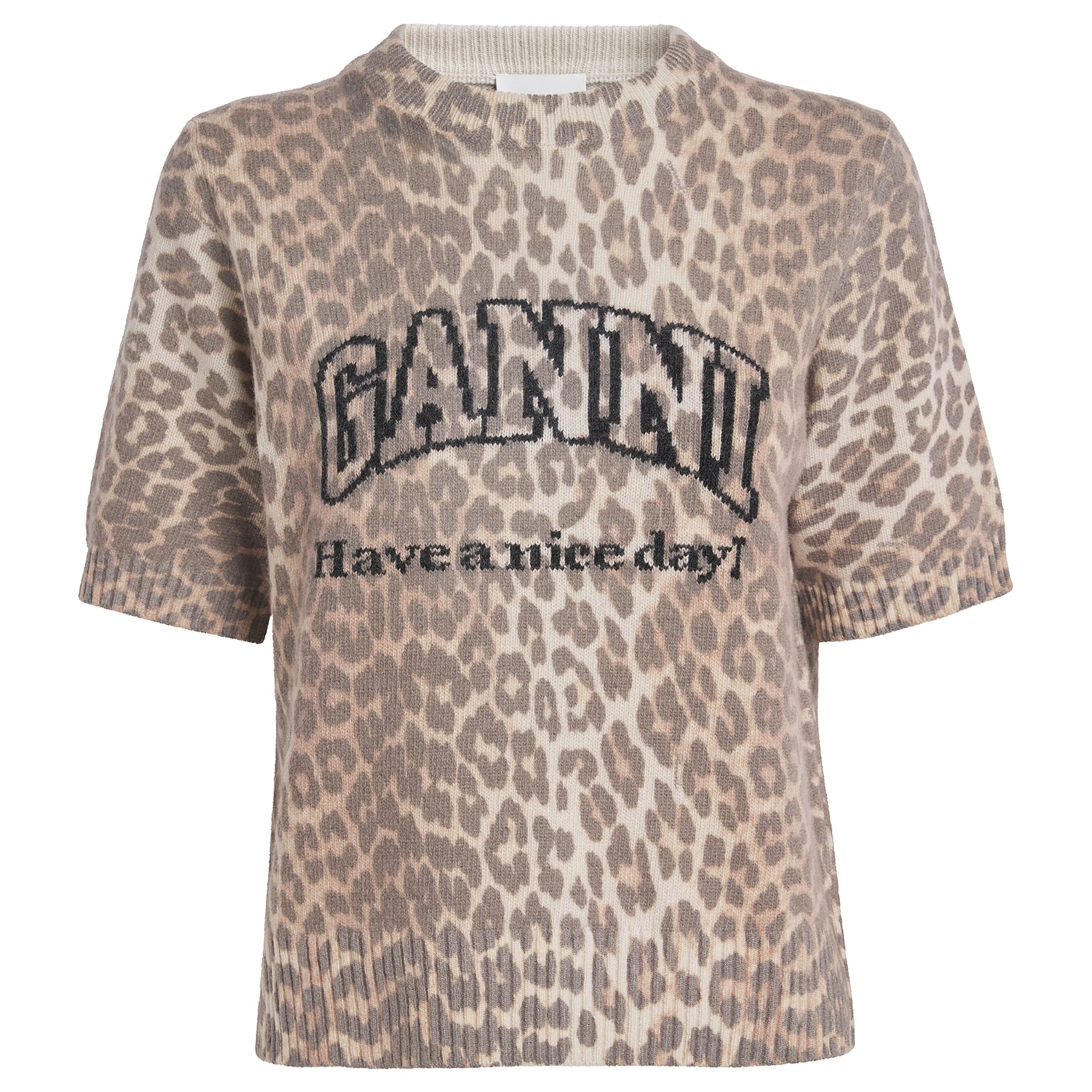 GANNI Multi Wool-Blend Leopard Print T-Shirt