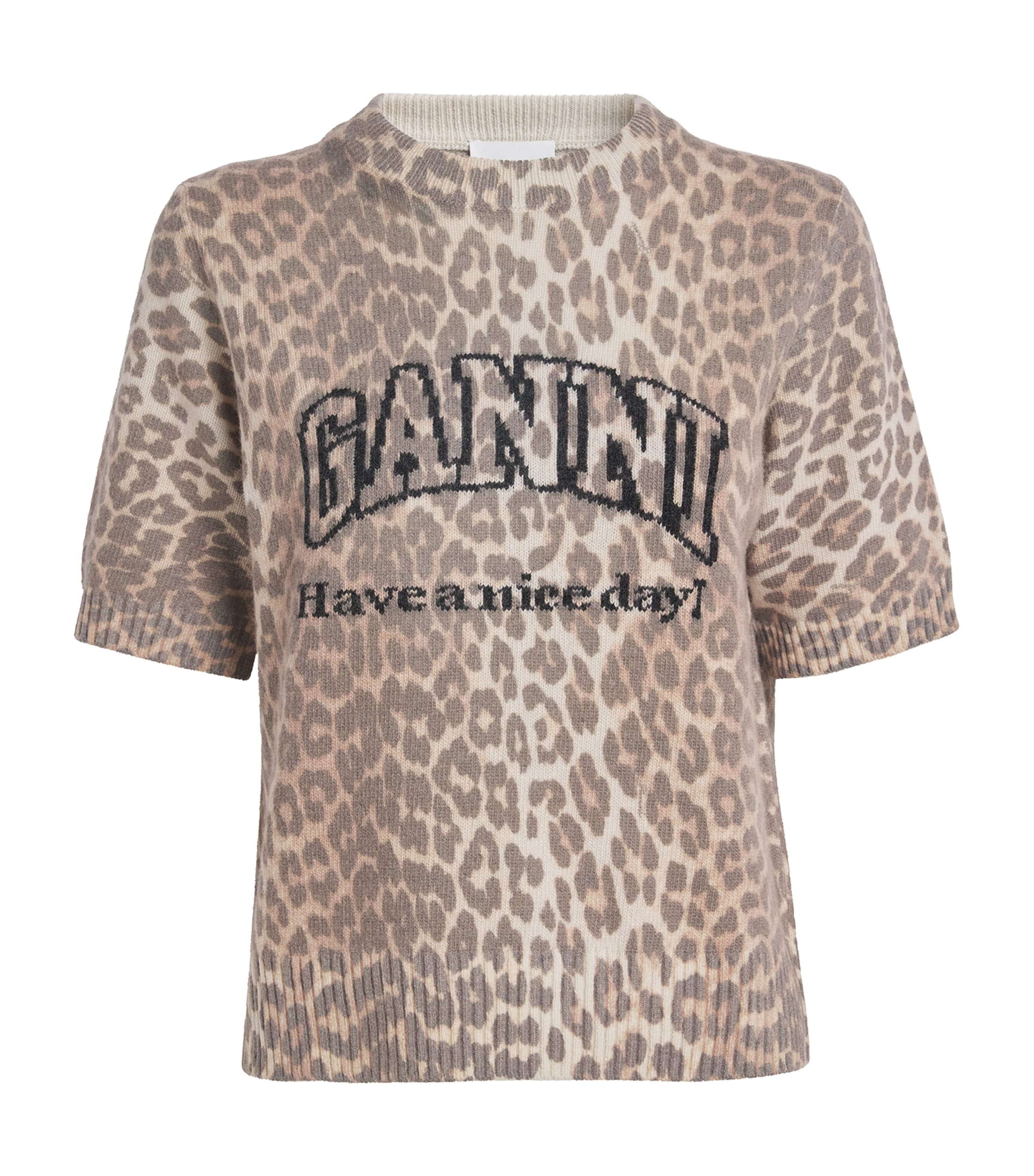 GANNI Multi Wool-Blend Leopard Print T-Shirt