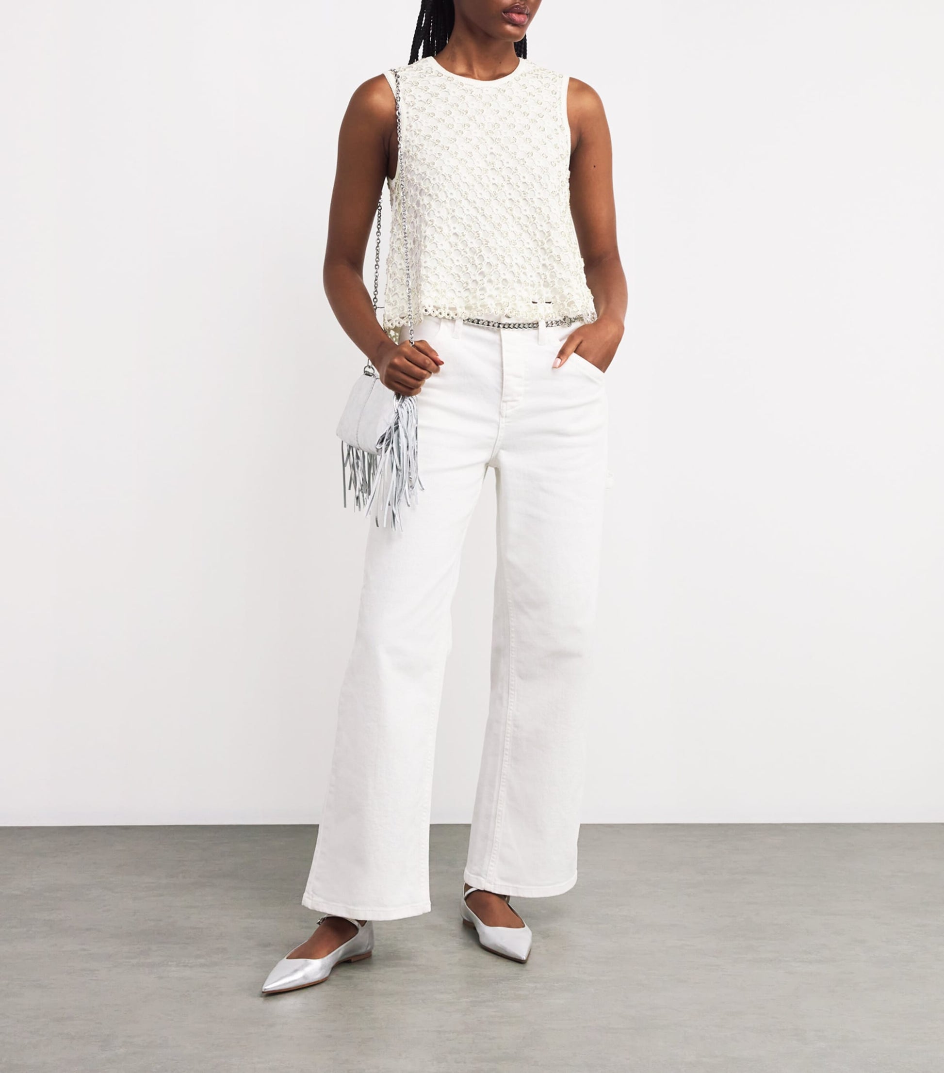 Maje White Crochet Beaded Top