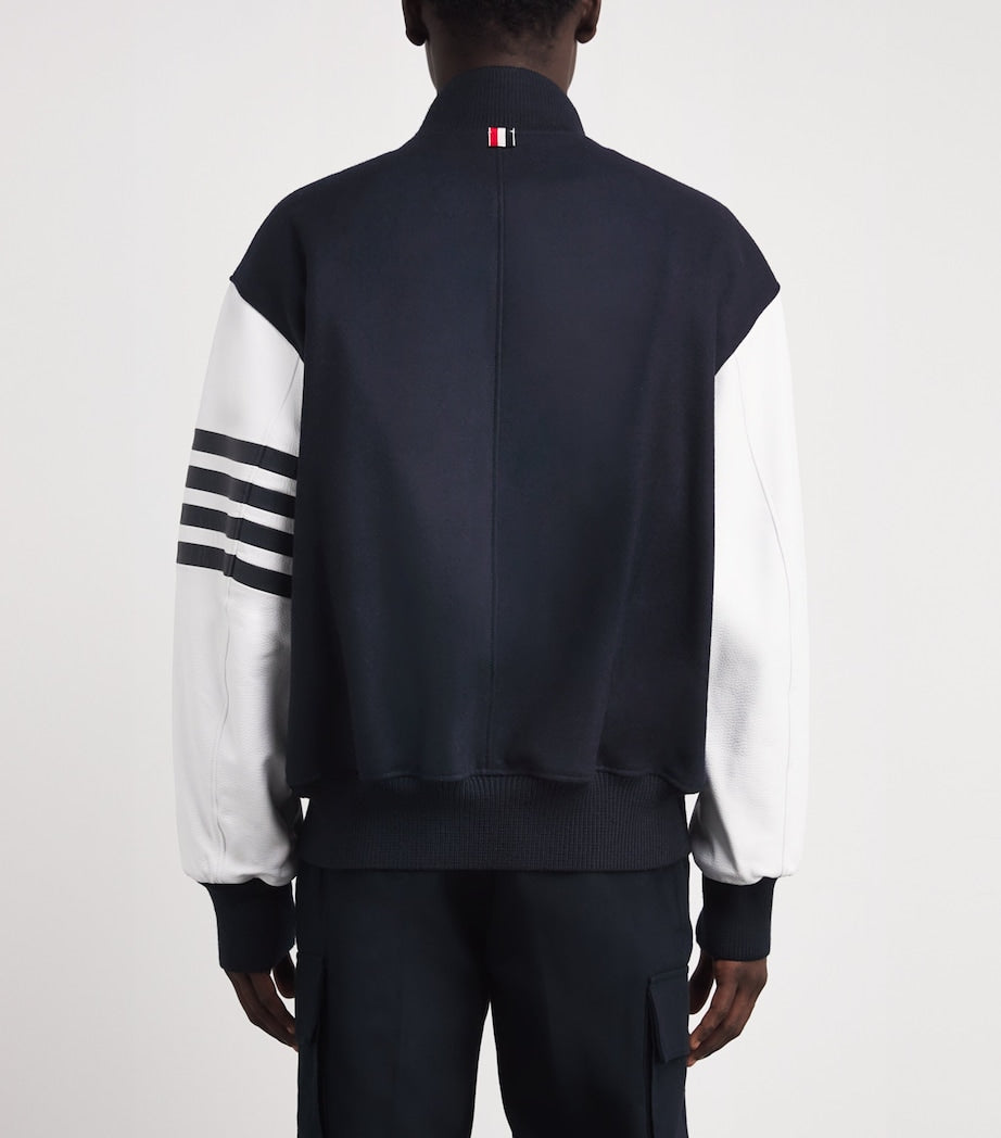 Thom Browne Navy Wool-Leather 4-Bar Oversized Bomber Jacket