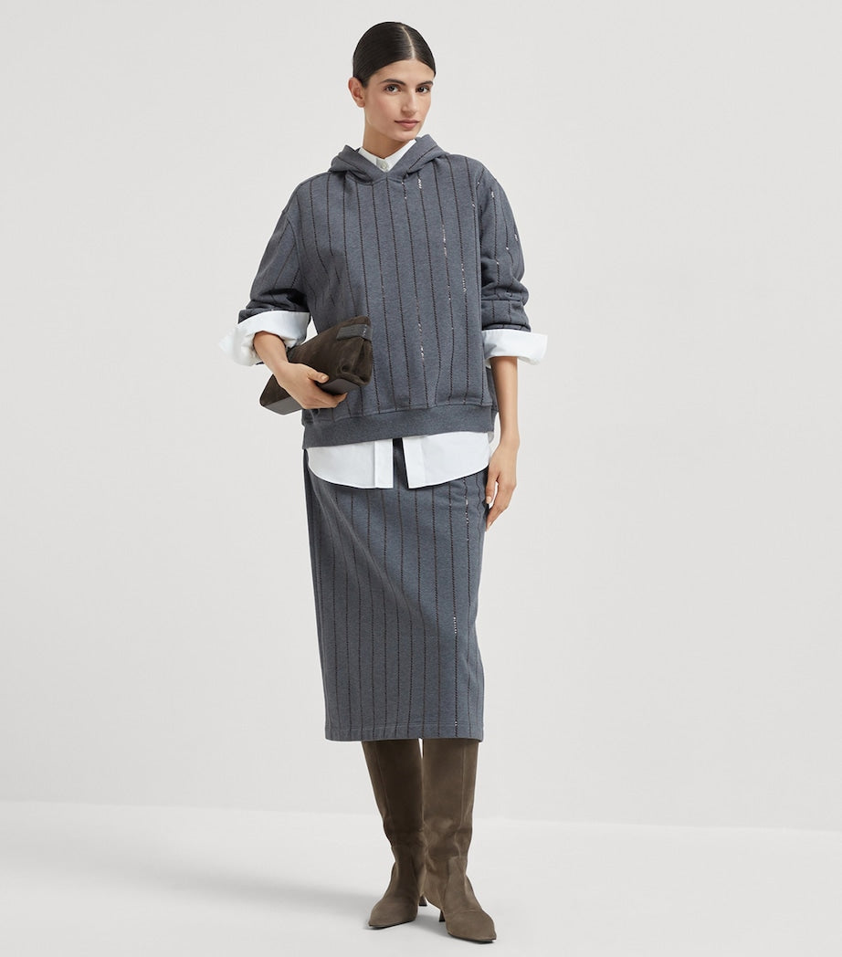 Grey Cotton Sequin-Stripe Hoodie