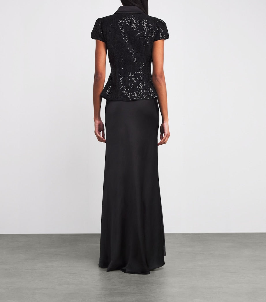 Self-Portrait Black Satin Sequin-Embellished Maxi Dress