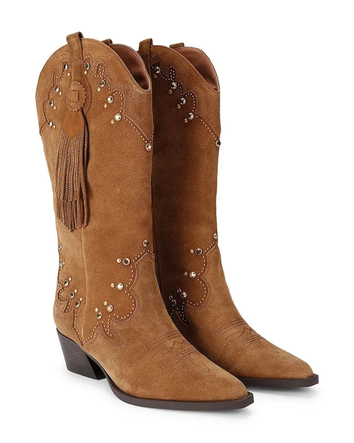 Kurt Geiger London kadın süet kovboy çizmeleri Oxford Western Tassel