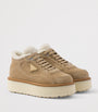 Prada Neutral Suede Shearling Platform Sneakers
