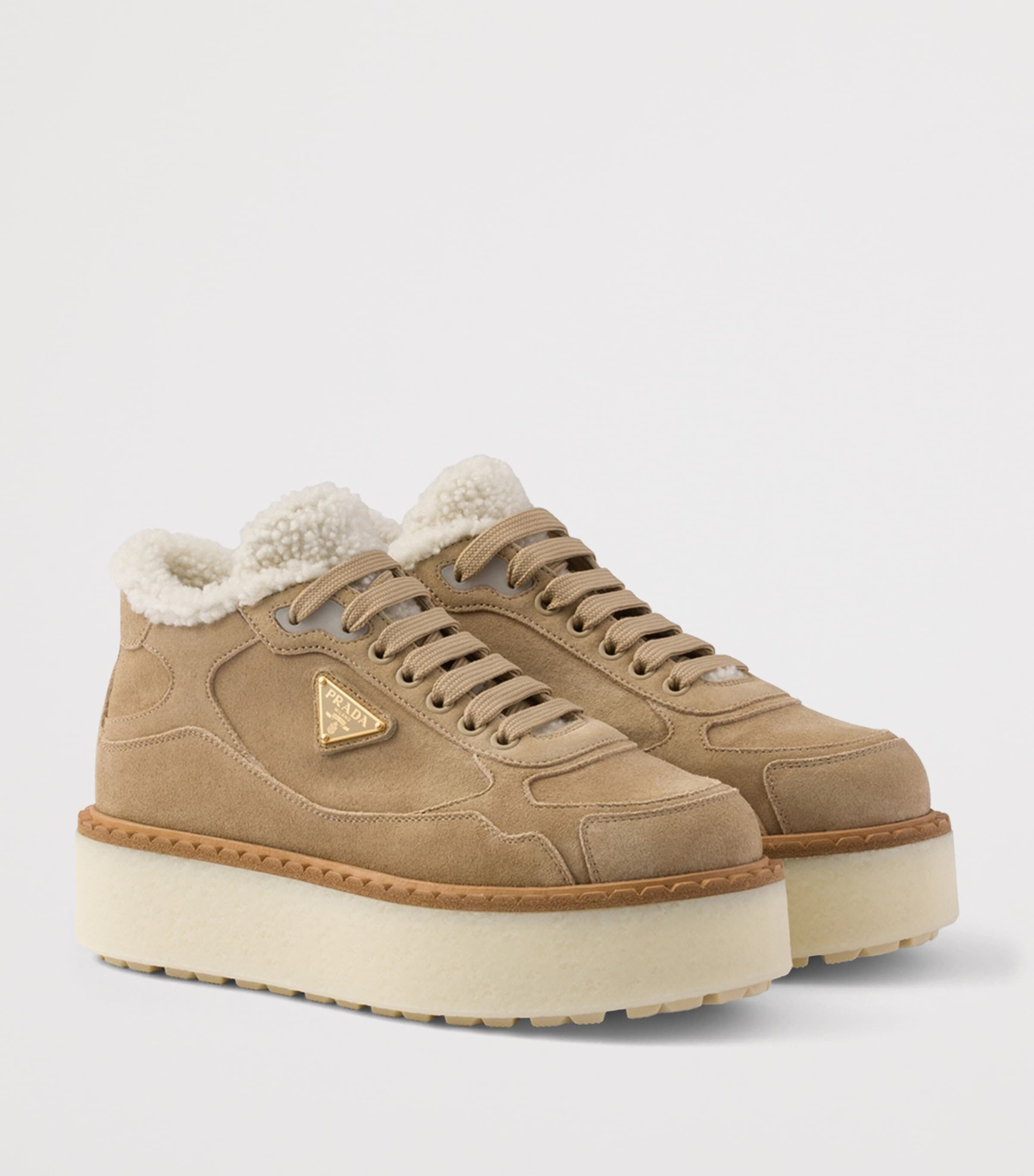 Prada Neutral Suede Shearling Platform Sneakers