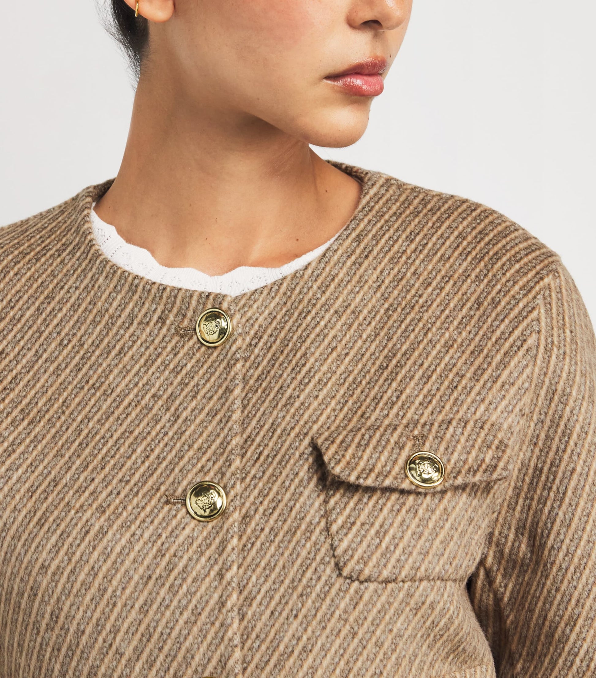 Sandro Paris Beige Wool-Blend Stripe Cropped Jacket