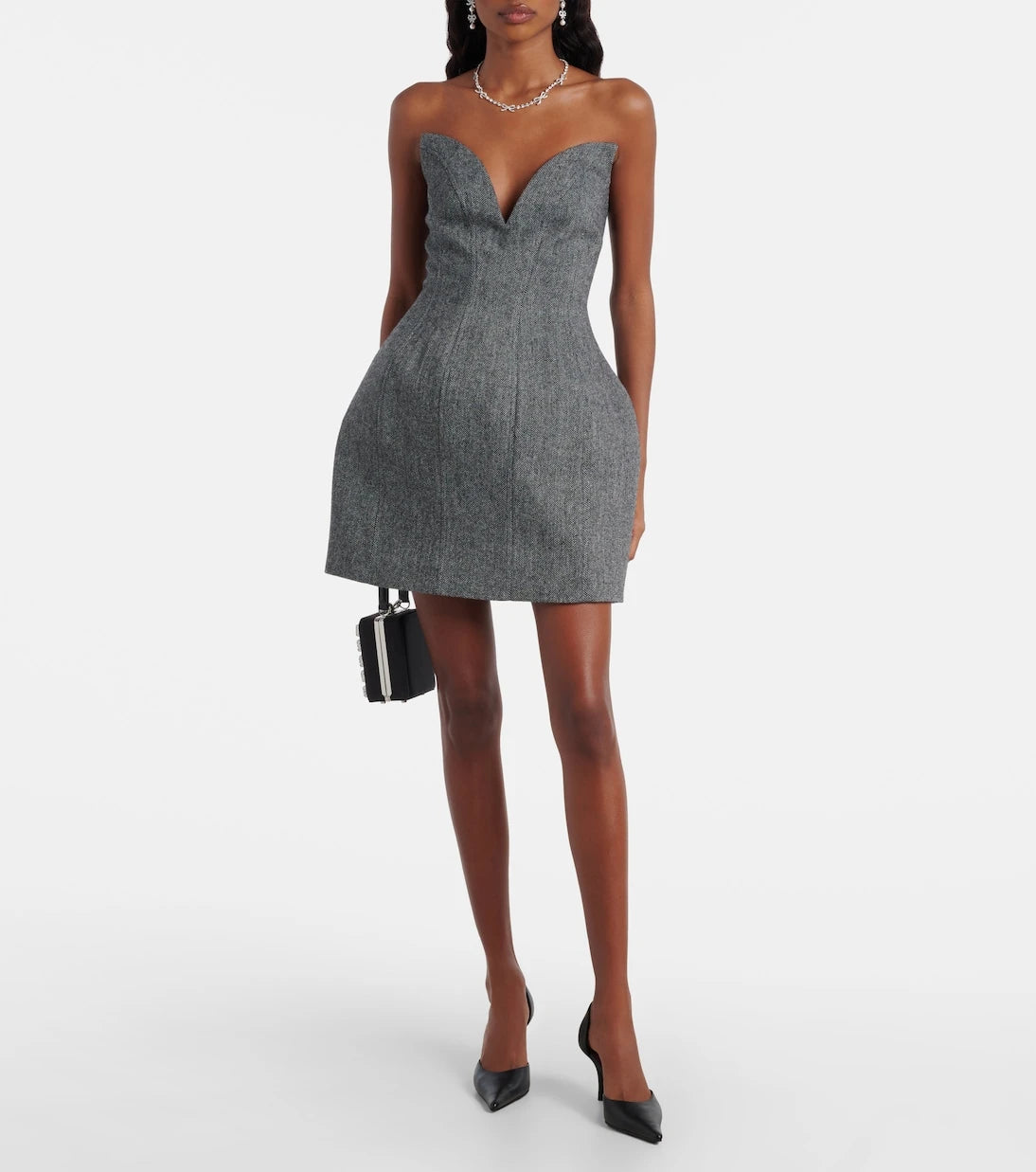 Self-Portrait - Herringbone wool-blend bustier dress