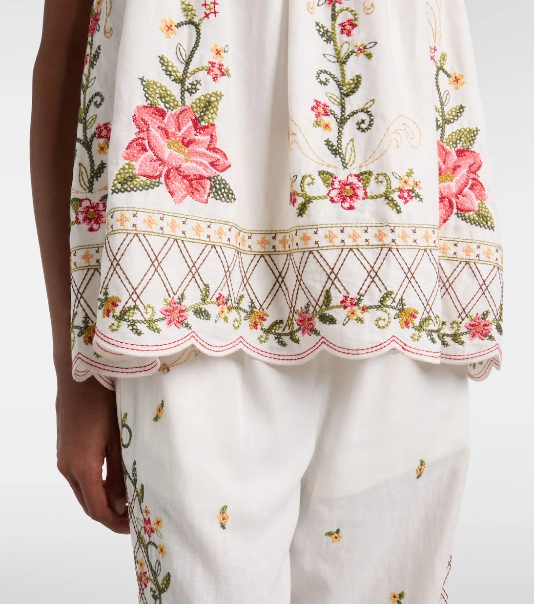 Farm Rio - Embroidered linen-blend top
