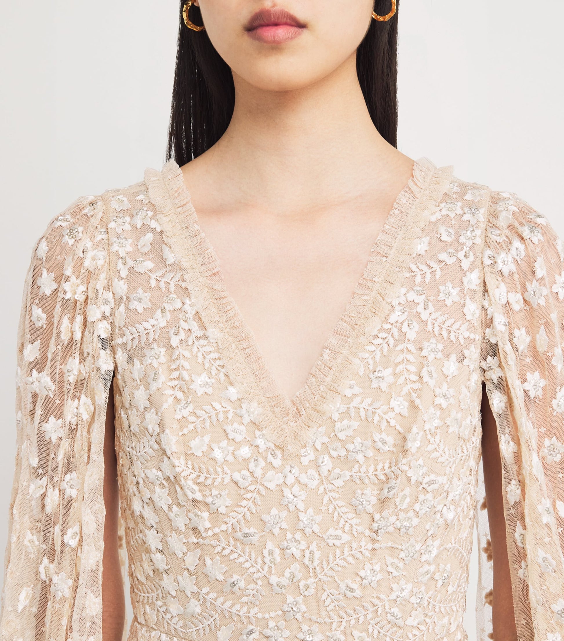 Beige Cape-Detail Clover Maxi Dress