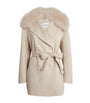 Yves Salomon Beige Wool-Cashmere Fur-Trim Pea Coat