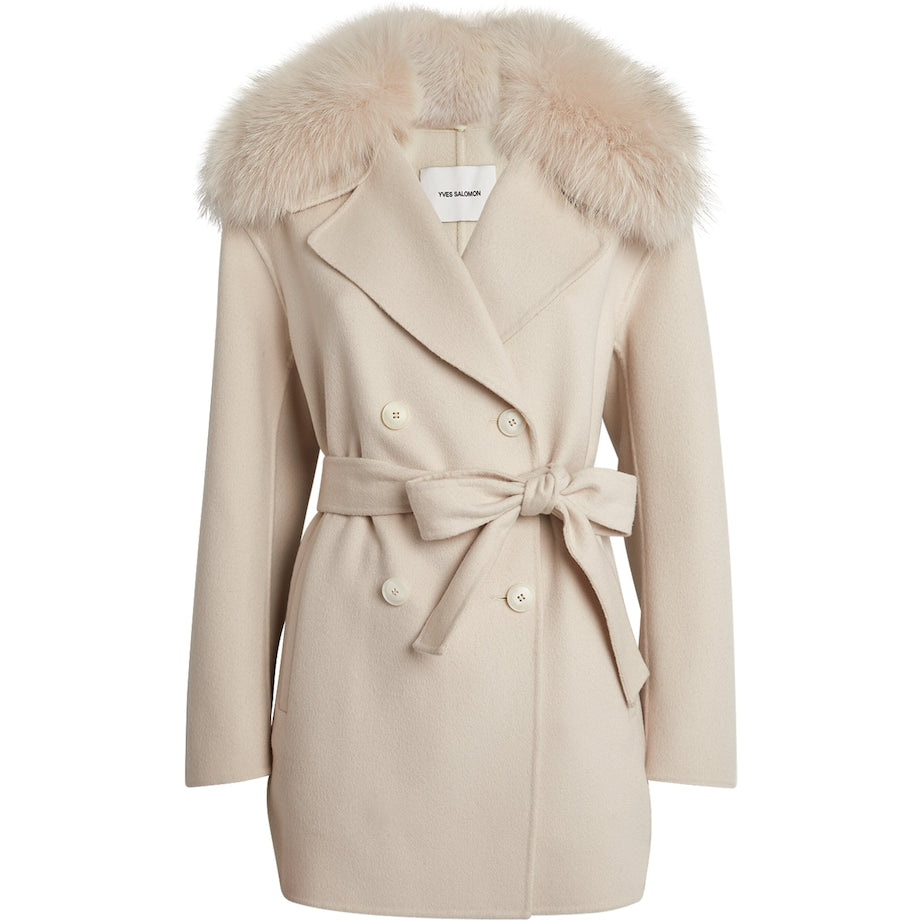 Yves Salomon Beige Wool-Cashmere Fur-Trim Pea Coat