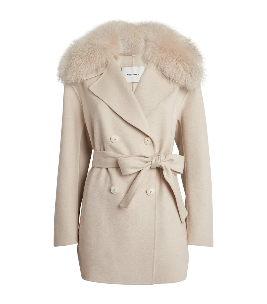 Yves Salomon Beige Wool-Cashmere Fur-Trim Pea Coat