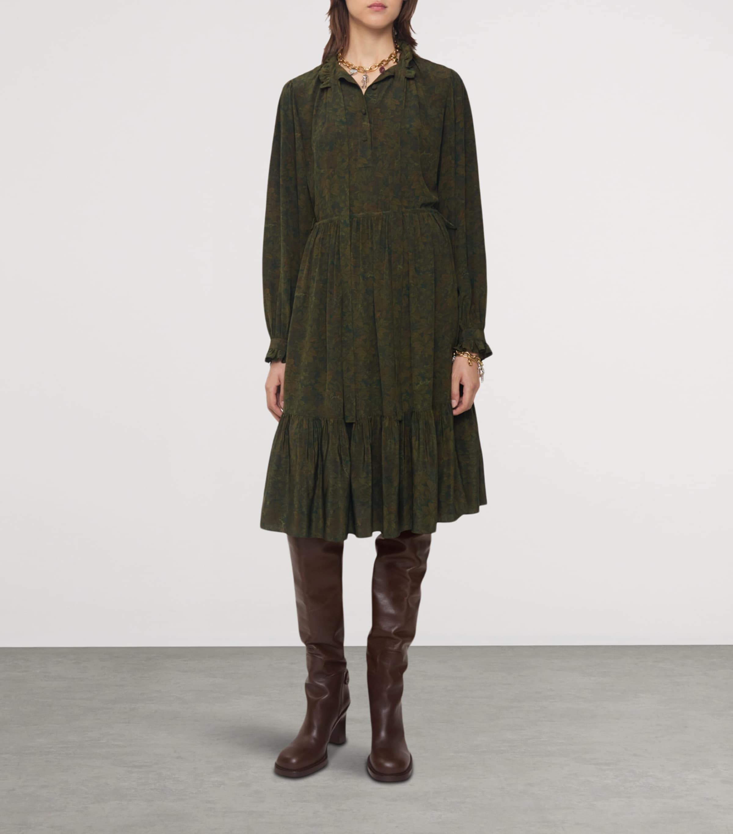 Green Silk Crepe Foliage Midi Dress