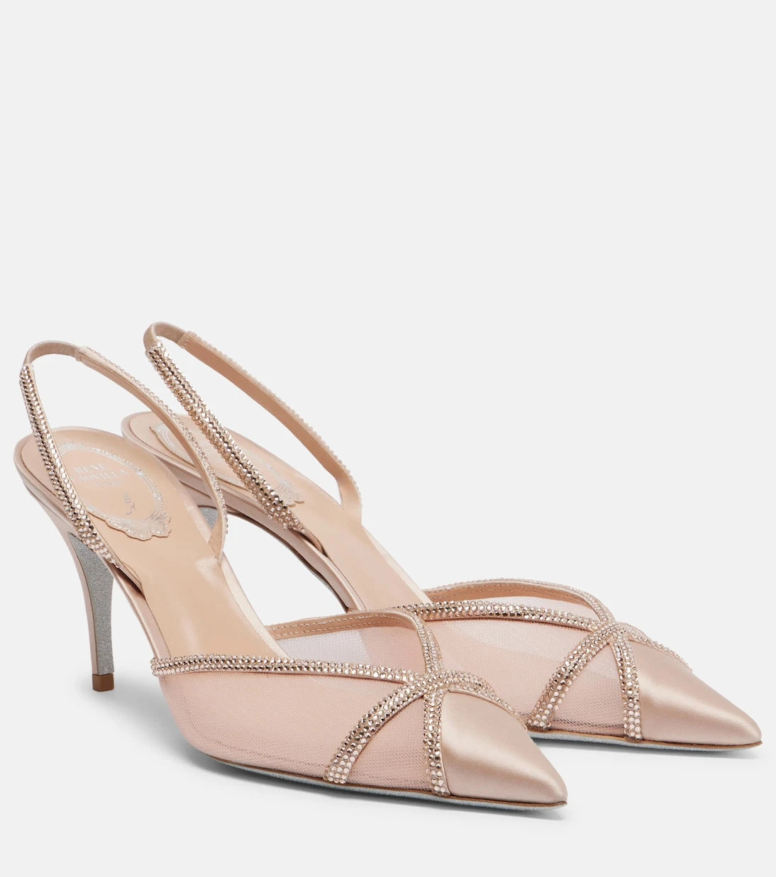 Rene Caovilla - Embellished satin and mesh slingback pumps