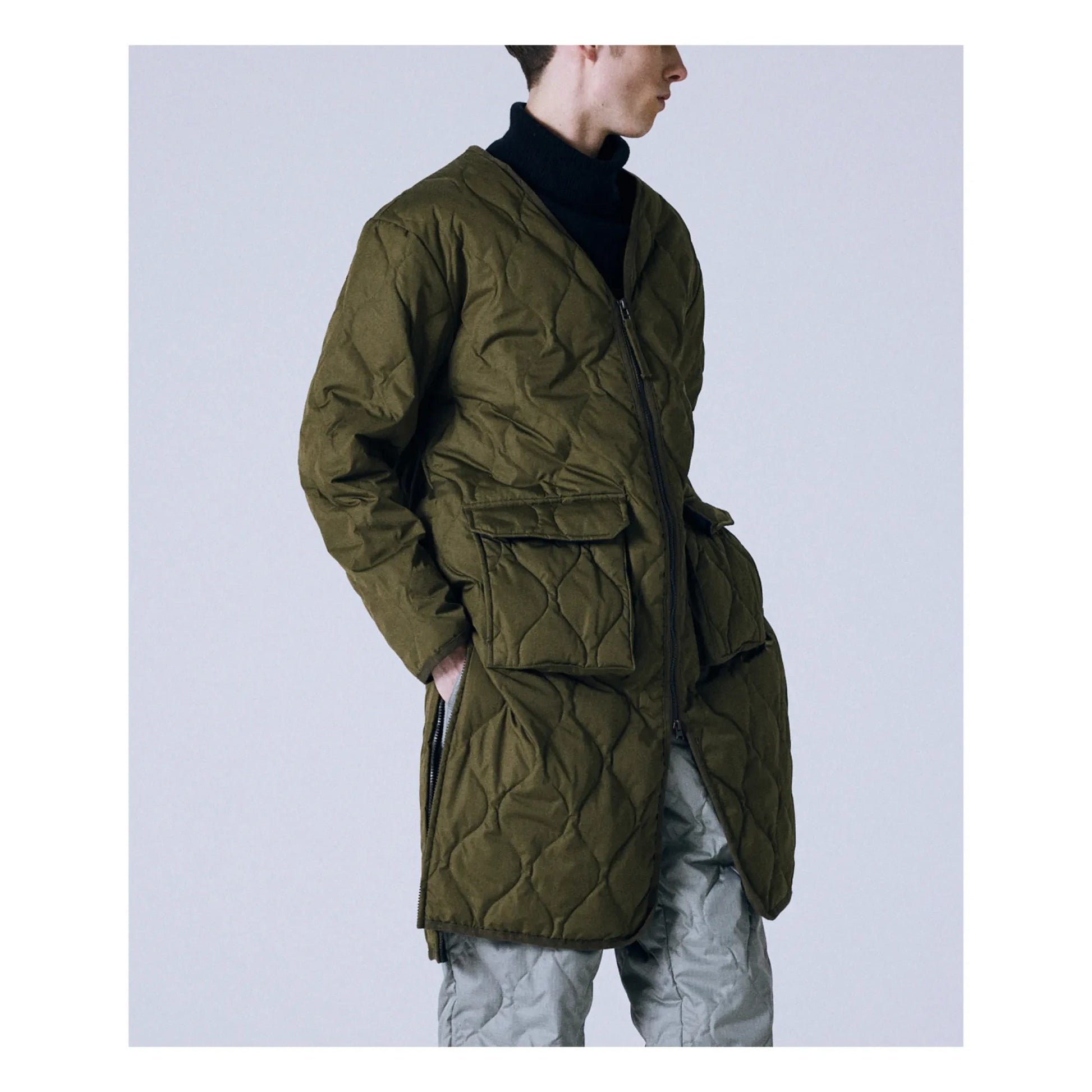 Taion - Military Unisex Long Zip Quilted Jacket | Olive green
