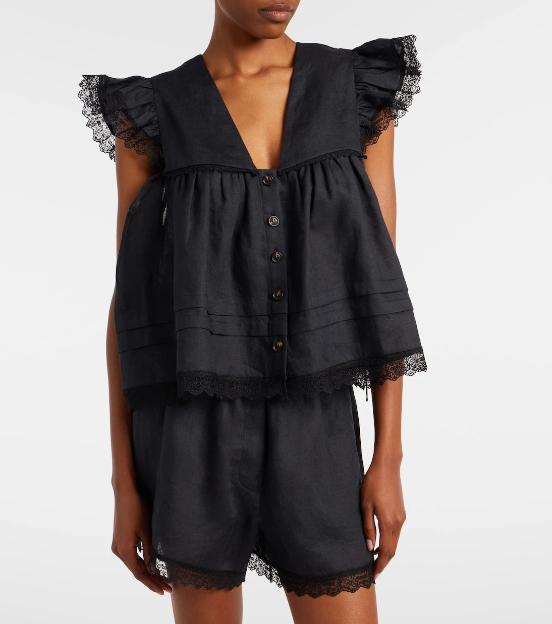 Ganni - Lace-trimmed linen top