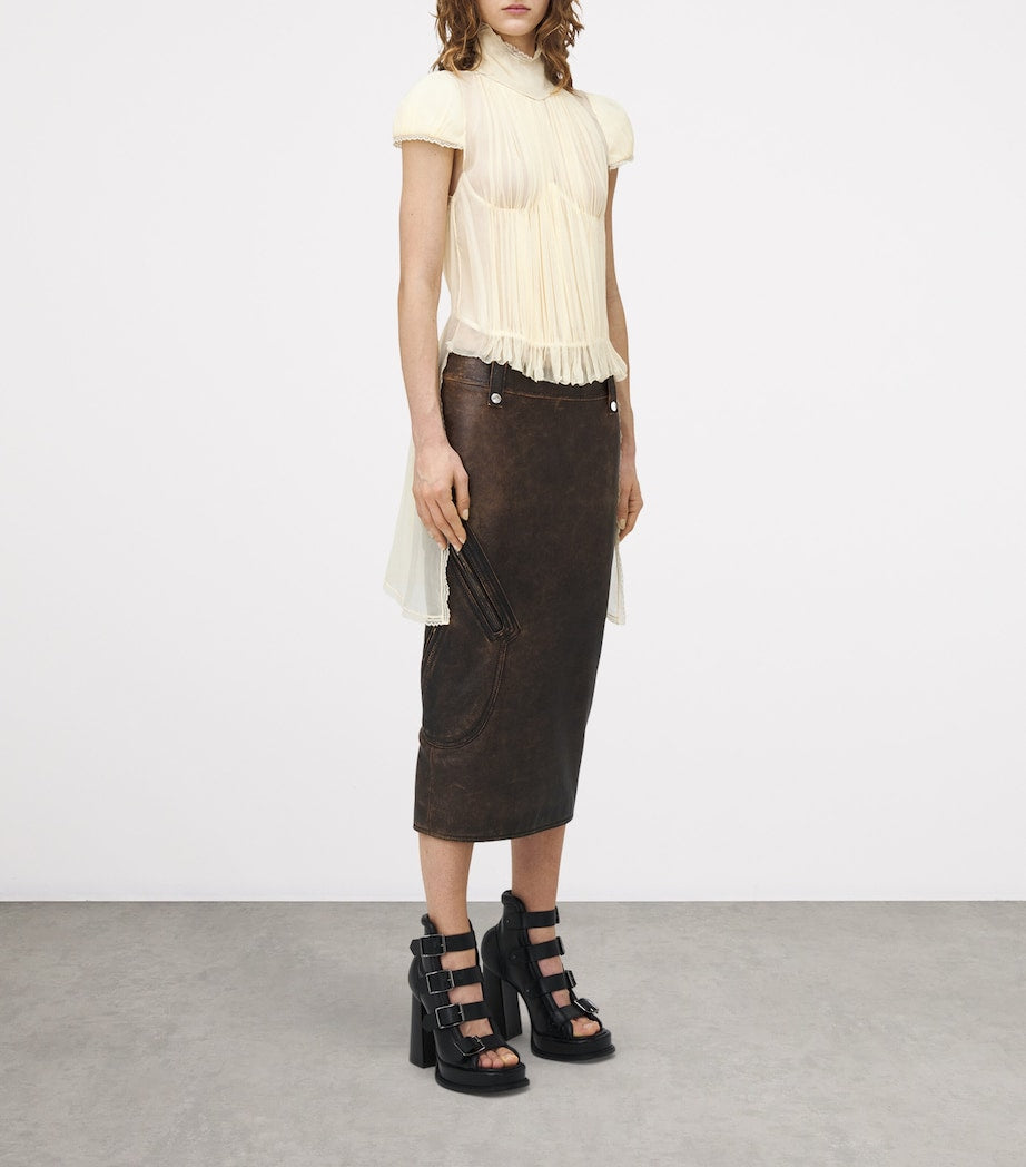 McQueen Brown Leather Pencil Midi Skirt