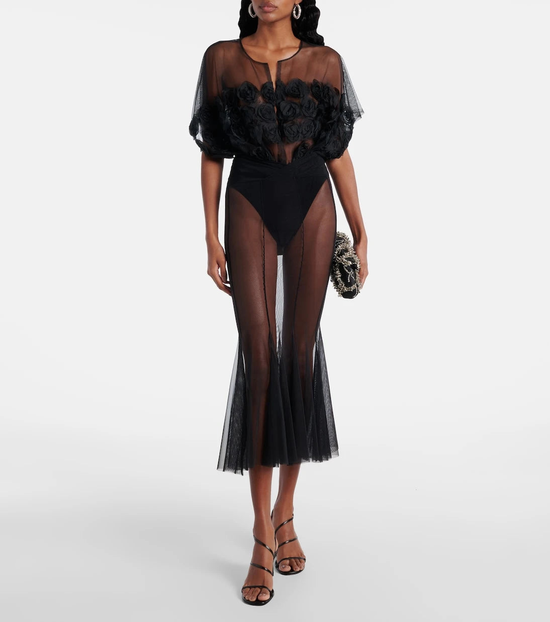 Norma Kamali - Floral-appliqué semi-sheer bodysuit