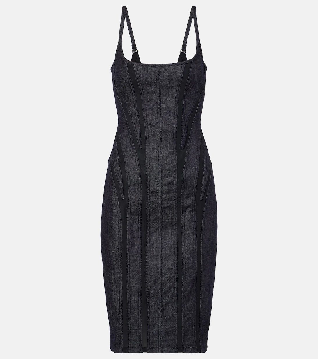 Mugler - Mesh-trimmed denim midi dress