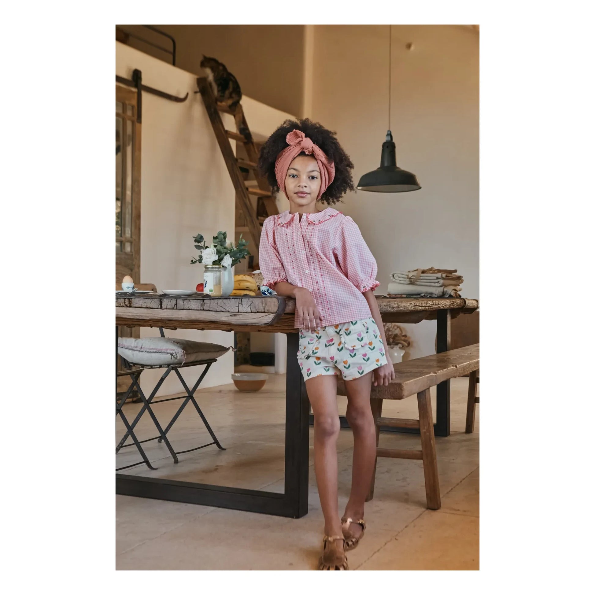 Emile et Ida - Gingham Embroidered Blouse Organic Cotton | Pink