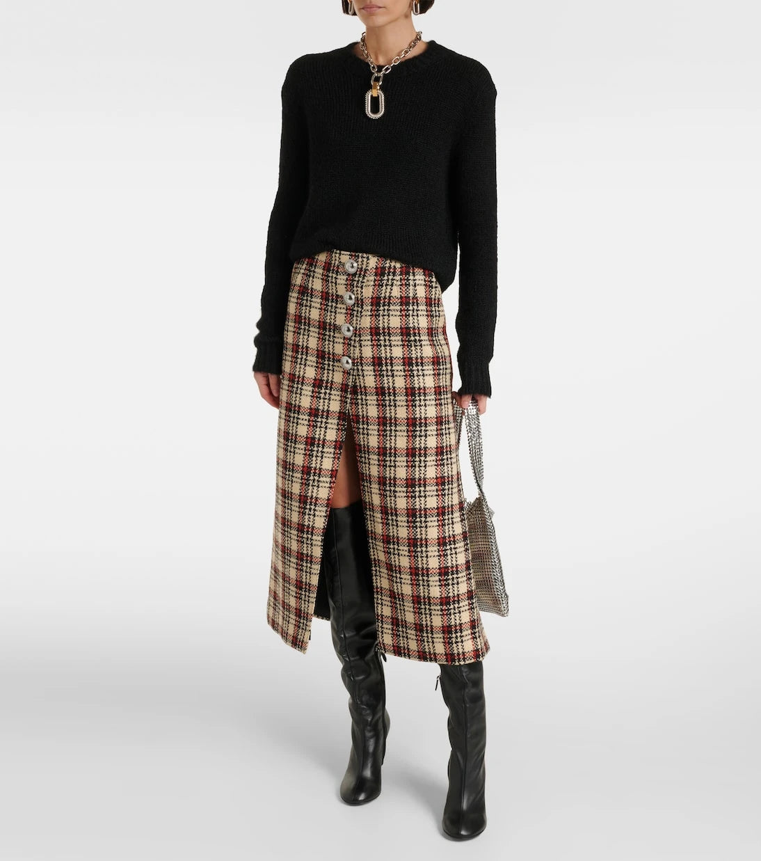 Rabanne - Plaid wool and cotton midi skirt