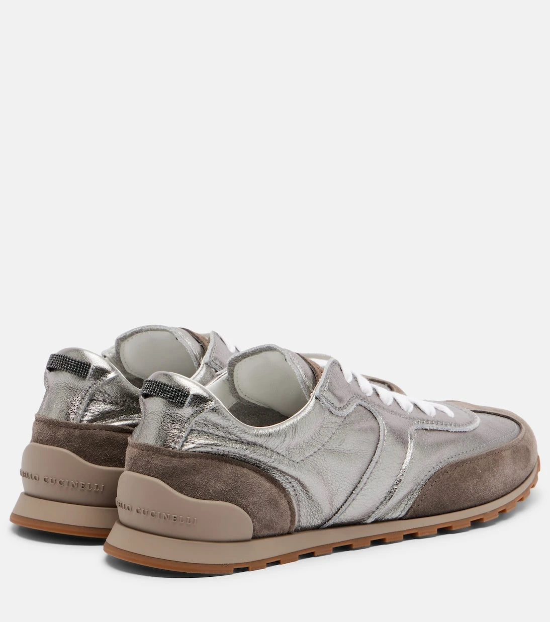 Brunello Cucinelli - Monili suede-trimmed metallic leather sneakers
