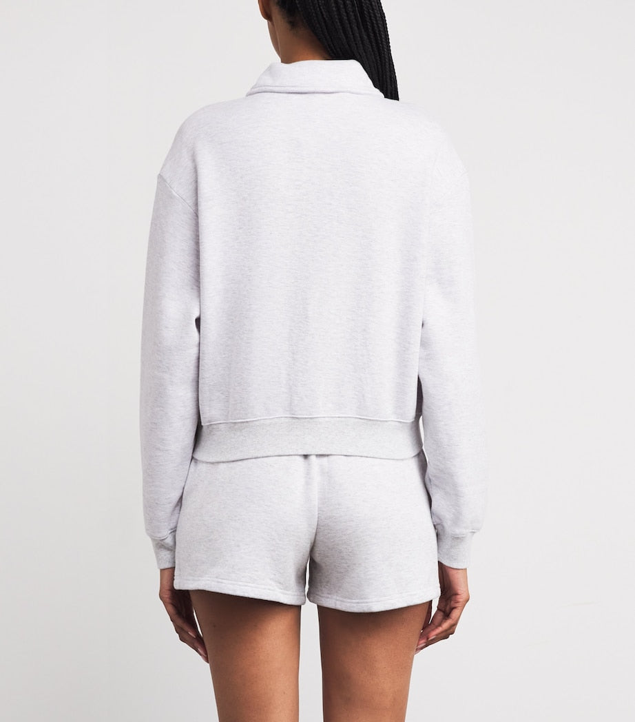 Grey Cotton-Blend Fleece Polo Sweatshirt