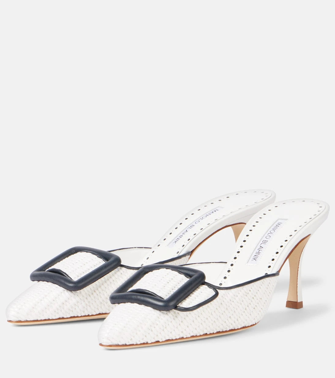 Manolo Blahnik - Maysale 70 leather-trimmed raffia mules
