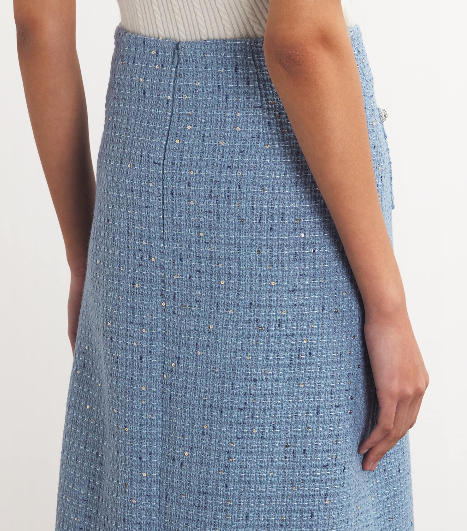 Blue Tweed Sequinned Midi Skirt