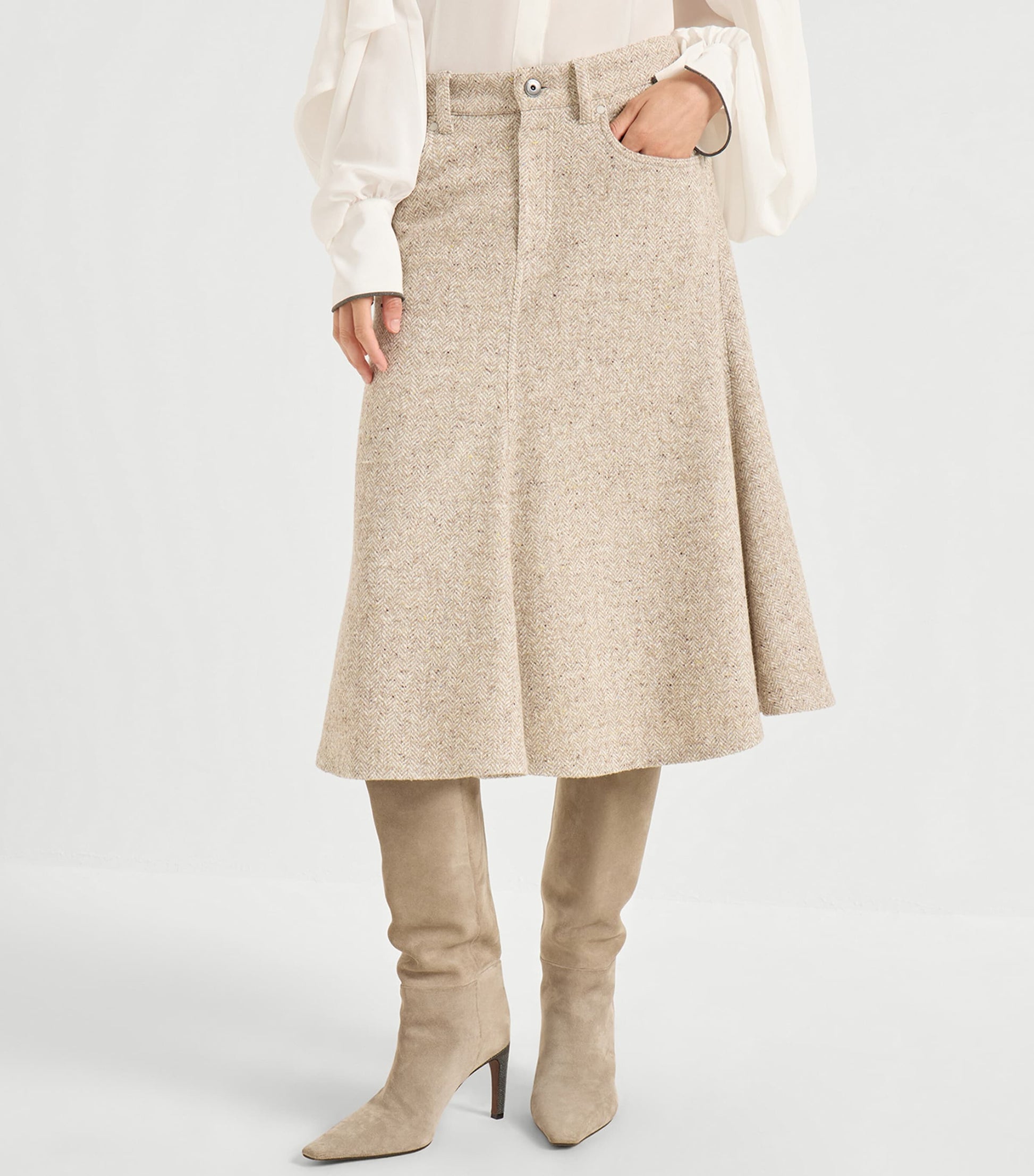 Brunello Cucinelli Beige Flecked Virgin Wool-Silk-Blend Midi Skirt