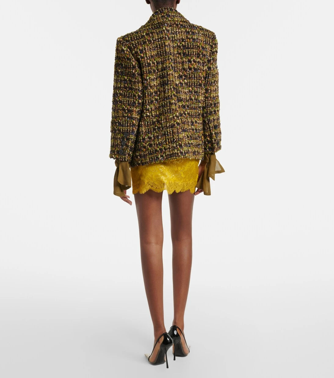 Saint Laurent - Lace-trimmed jacquard lamé miniskirt