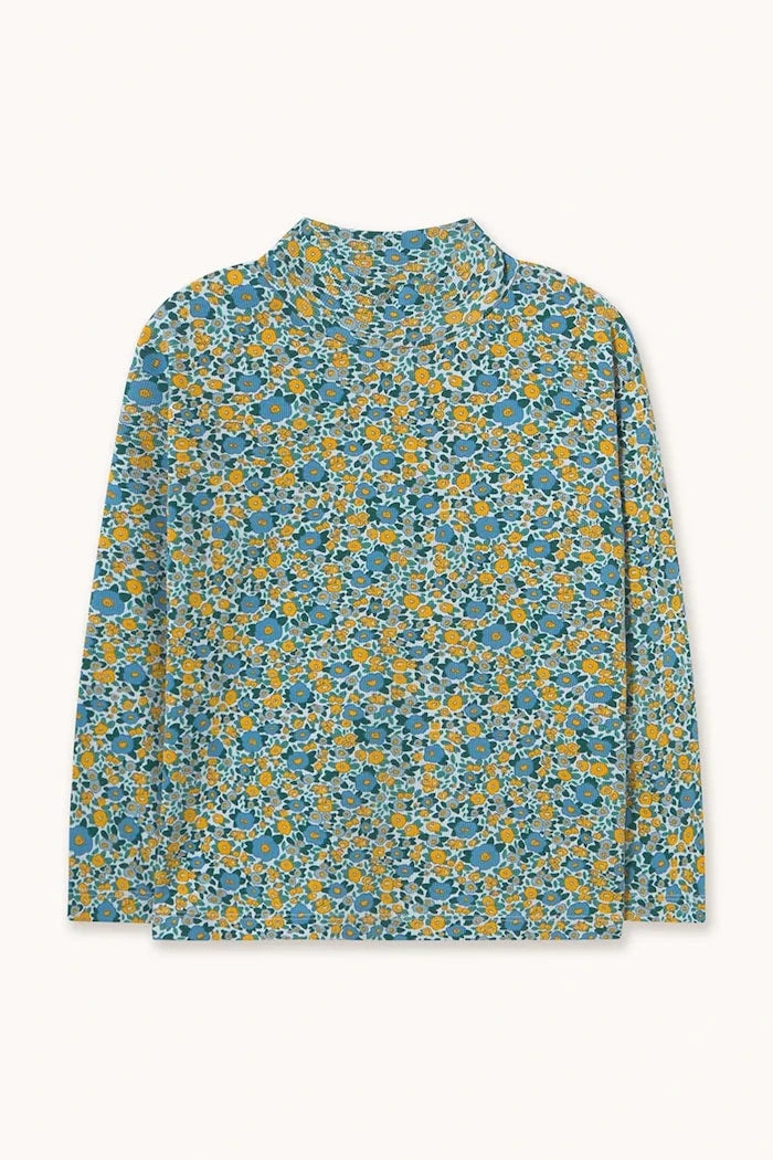 Çocuklar için pamuk ve elastan uzun kollu bluz FLOWER PATTERN RIB MOCKNECK