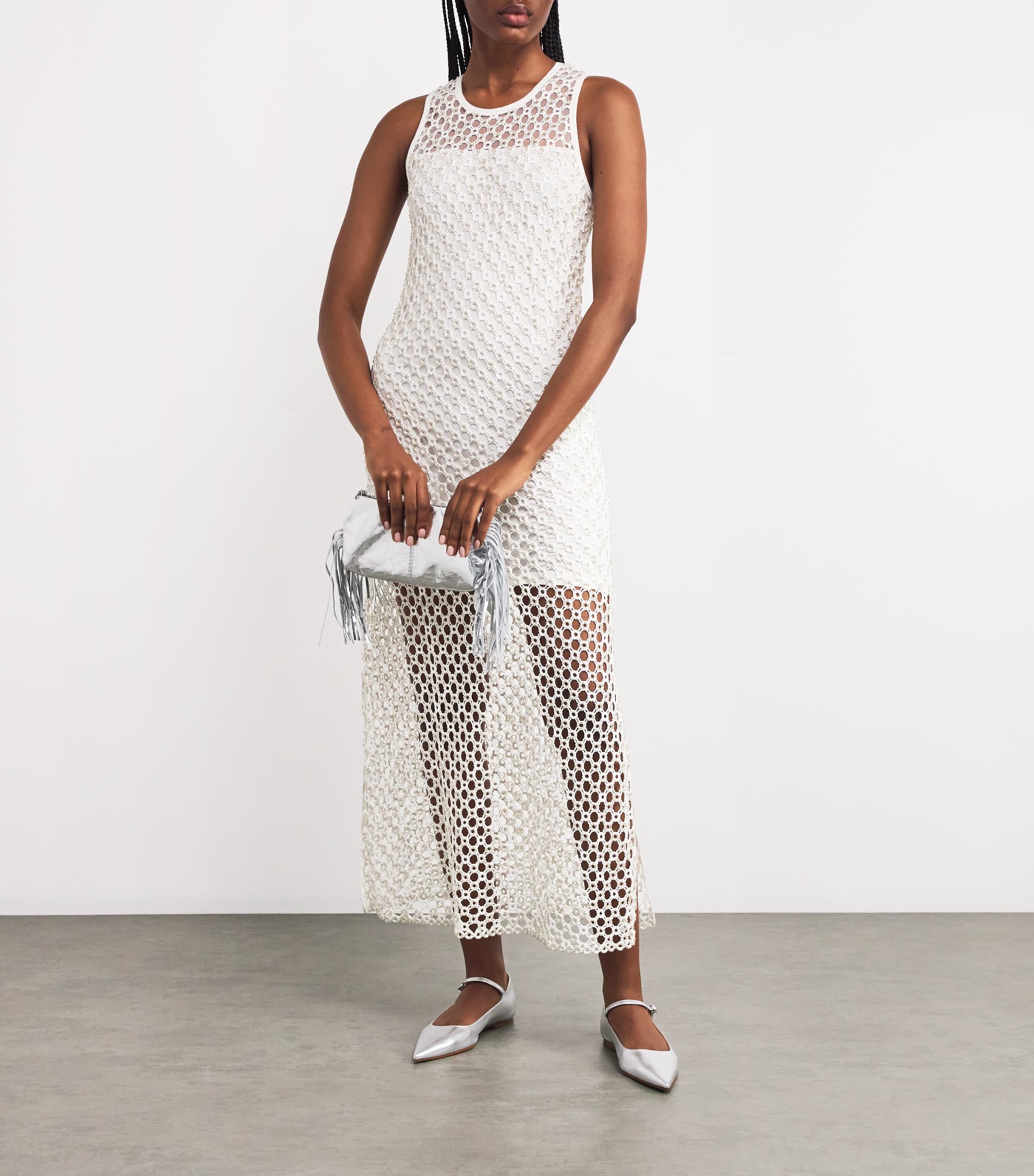 White Crochet Beaded Midi Dress