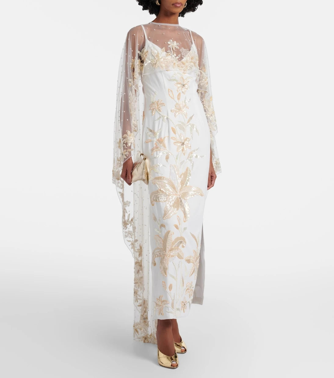 Là Fuori - Ivory Garden embellished caped gown