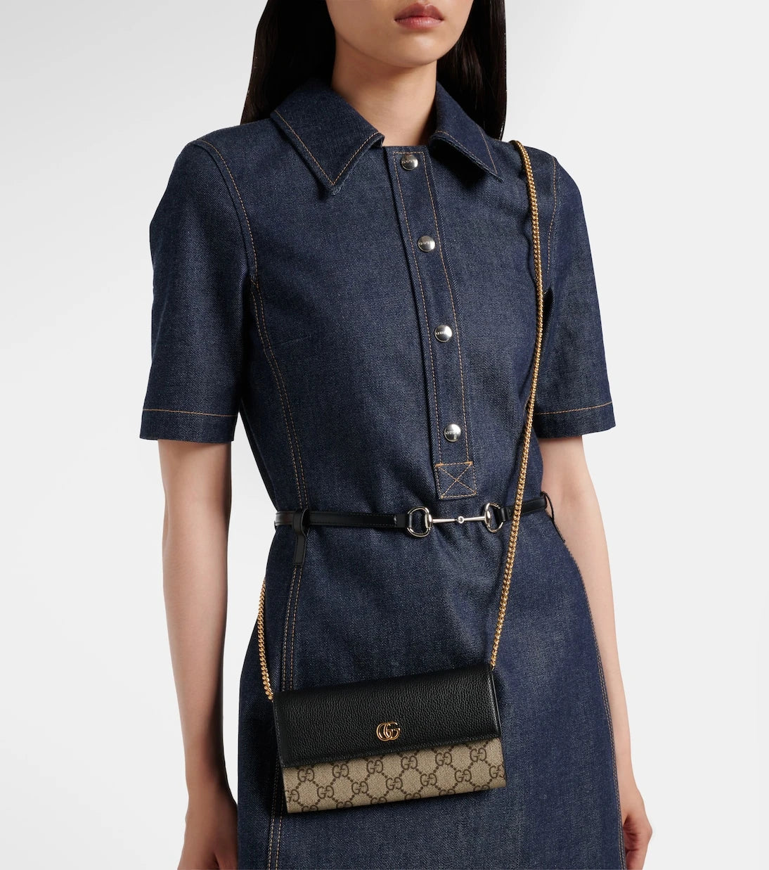 Gucci - GG Marmont leather-trimmed wallet on chain
