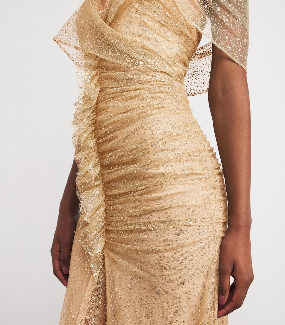 Sandra Mansour Gold Tulle Glitter Nuageux Gown