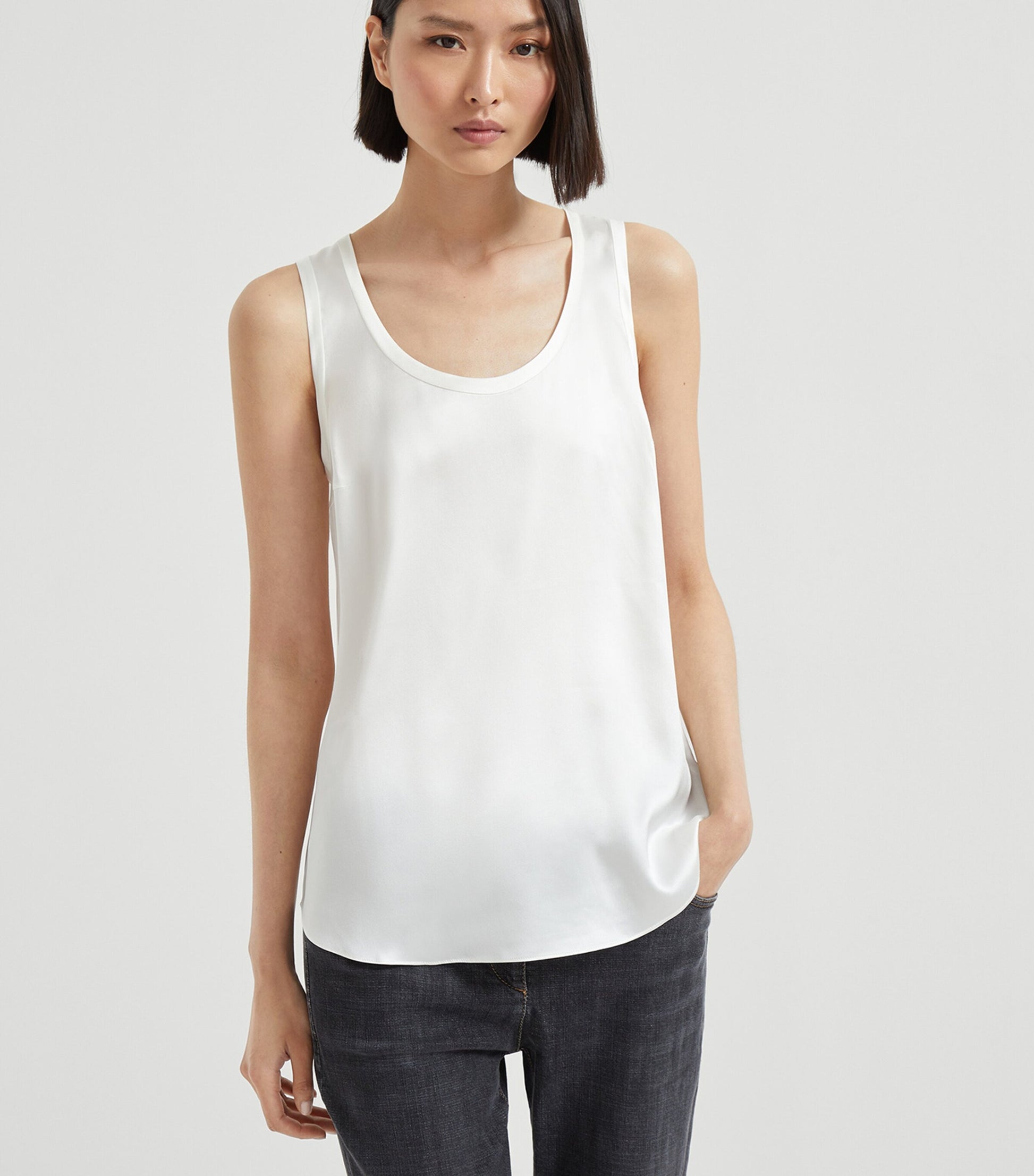 Brunello Cucinelli White Stretch-Silk Satin Reversible Tank Top