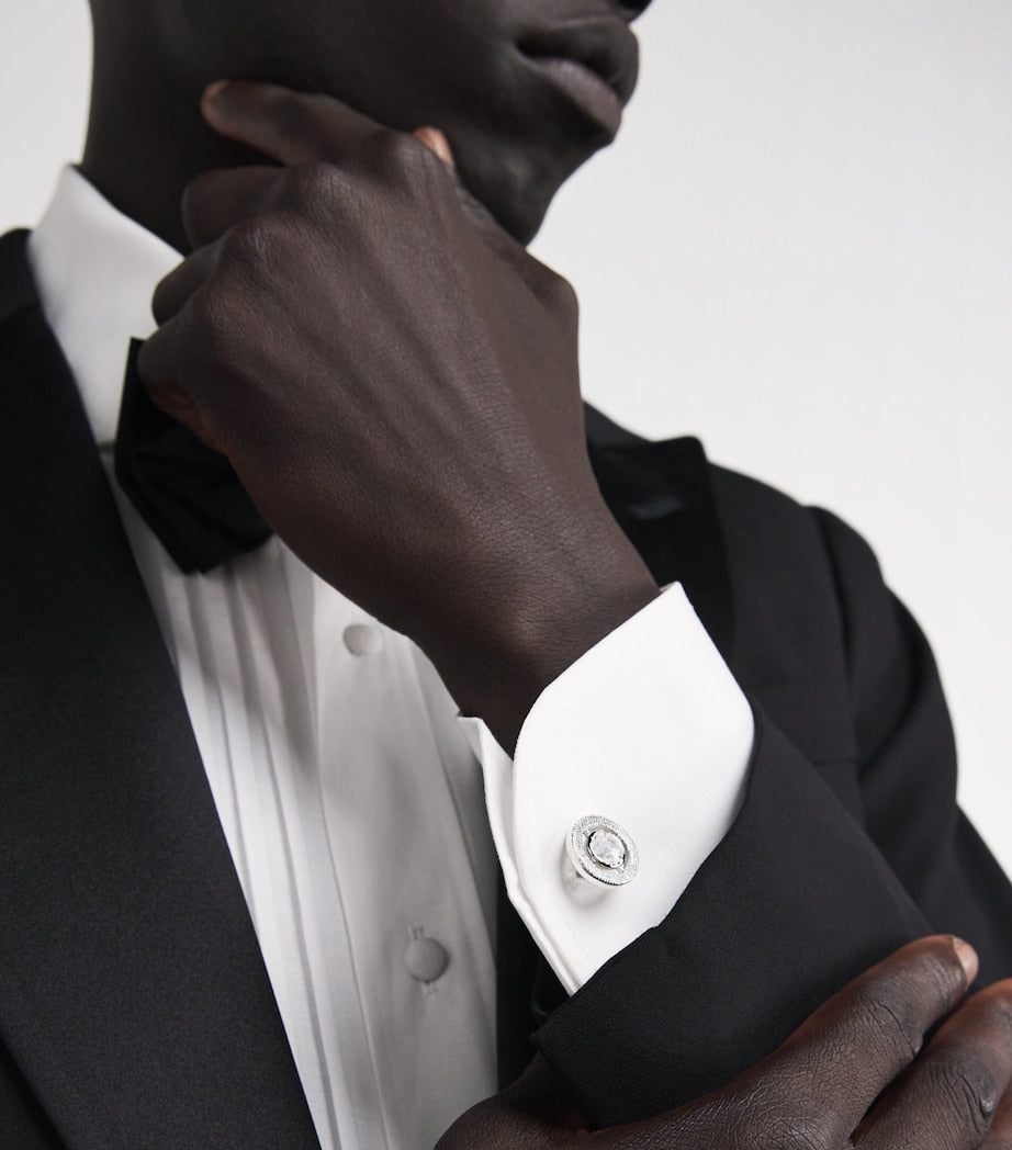 Rhodium-Plated Cubic Zirconia Halo Round Cufflinks