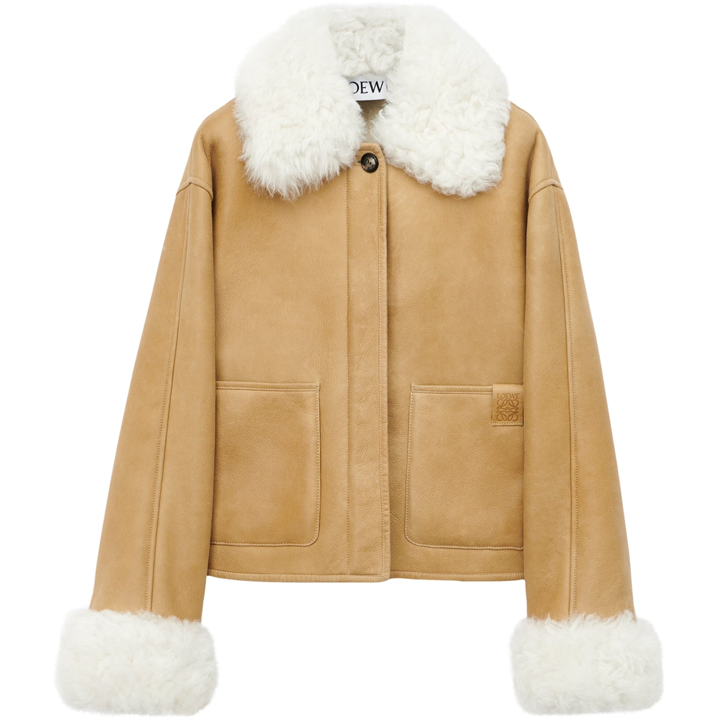 White Shearling-Trim Leather Jacket