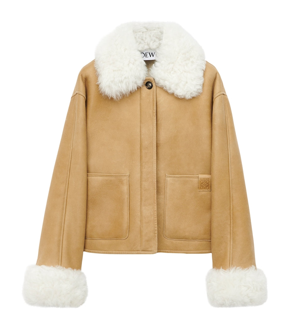 White Shearling-Trim Leather Jacket