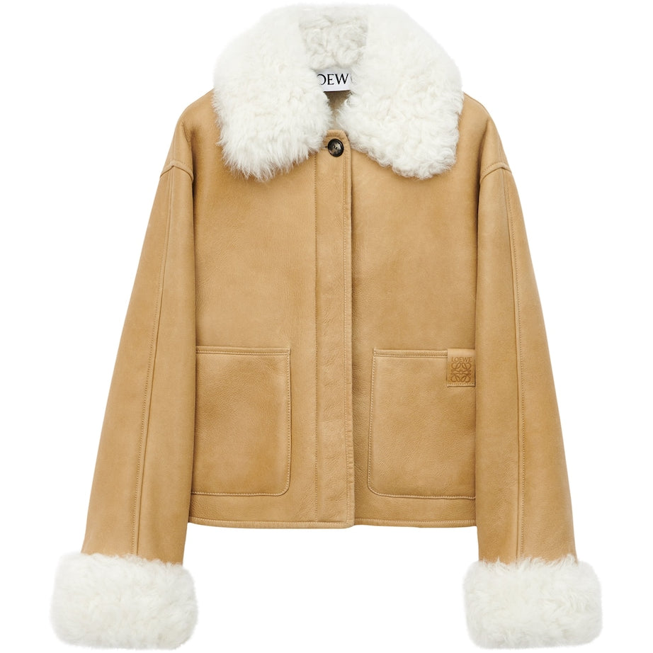 White Shearling-Trim Leather Jacket