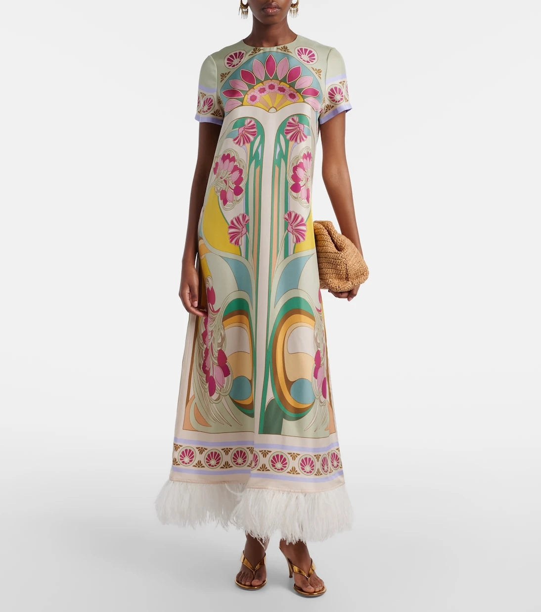 La DoubleJ - Swing feather-trimmed silk twill maxi dress